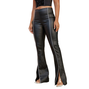 ODM & OEM Femmes Sexy PU <span class=keywords><strong>Cuir</strong></span> <span class=keywords><strong>Skinny</strong></span> Bell-Bottoms Pantalon Taille Haute Body-con Contraste Passepoil Ourlet Fendu PU <span class=keywords><strong>Cuir</strong></span> - Product Image 5