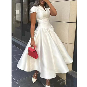 2025 primavera estate elegante abito <span class=keywords><strong>Midi</strong></span> da donna con scollo a V a vita alta Casual a maniche corte da ufficio festa - Product Image 1