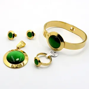 Dispositif africain avec boucles d'oreilles et Bracelet en or 18K, haute qualité, bijoux vert œil de chat, en acier inoxydable, offre spéciale