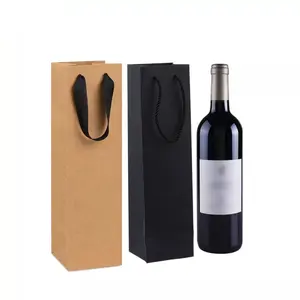 Wholesale Craft Handle Packaging Custom Black Christmas Design Single Red Wine Paper Bag Logo Gift Pouch