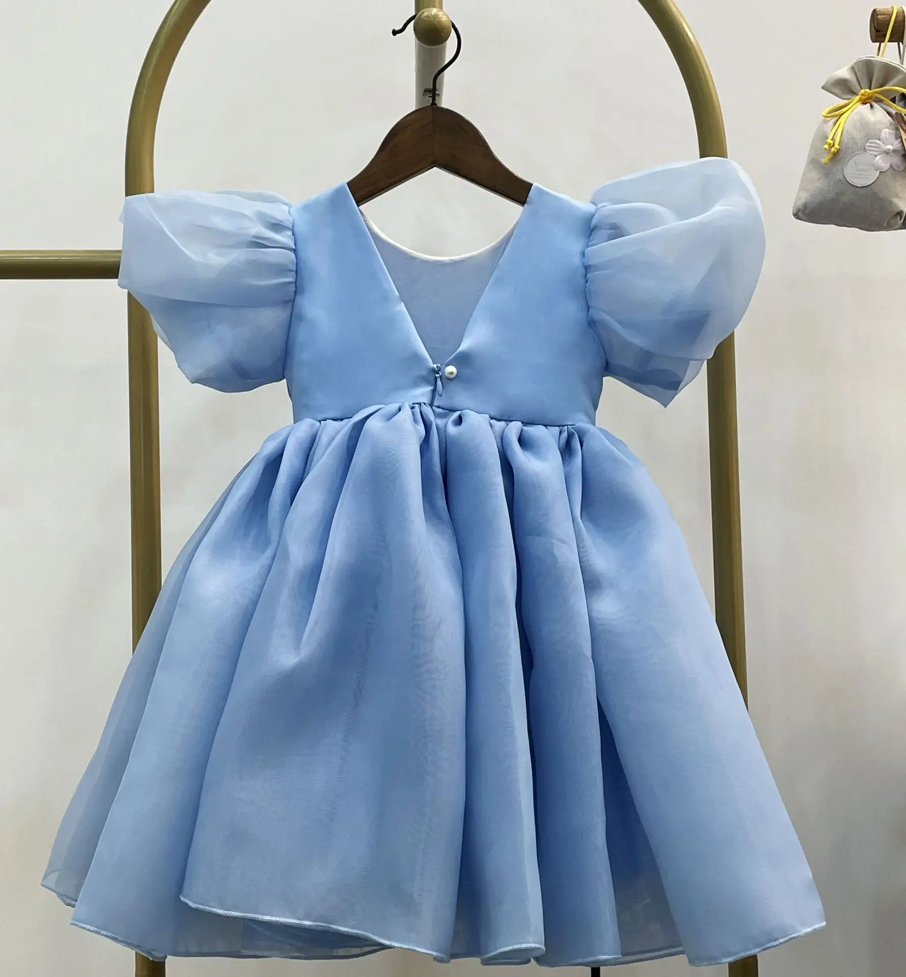 Alta Qualidade Cor Sólida Ruffle Bow Sleeve Crianças Luxo Flower Girls Tutu Dresses Birthday Party Princess Dress For Girl