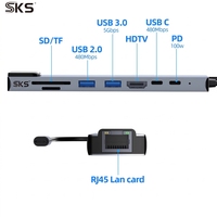 Adaptador Multipuerto USB 3.0 Tipo-C 8 en 1 con Ethernet 2.0 de 1000 Mbps, Lector de Tarjetas SD, Carga Rápida, Aleación de Aluminio