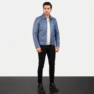 Chaqueta de Cuero con Cremallera para Hombre, de Piel de Oveja Azul Anilina, Forro de Viscosa, Altamente Transpirable, Bordada, Estilo Vintage, con Capucha, para Otoño - Product Image 1