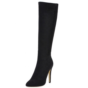 Bottes hautes en daim pour femme, taille EU 47, hiver, talon fin, bout pointu, bottes longues pour robe, bottes mi-mollet - Product Image 1