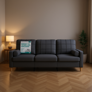 Dark Gray 3 Seater Living Room <b>Sofa</b> Fabric Modern Tufted Back Round Arm Wooden <b>Legs</b> - Product Image 2