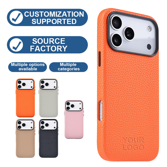 Source Manufacturer Custom Logo Raised Edges Built-in Magnetic Ring Premium Litchi Grain Vegan Leather Hybrid Case for iPhone 17