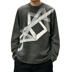 Camiseta de Manga Larga para Hombre, Color Gris Oscuro Lavado Vintage, con Estampado de Líneas Geométricas Abstractas, Cuello Redondo Clásico - Product Image 3