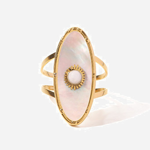 Vintage French Style Mother Of Pearl Ring 18K Gold Stainless Steel Oval Eye Shape Pearl Jewelry Unisex Everyday Wear - Product Image 1