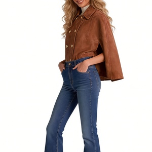 Abrigo tipo capa de mujer de gamuza marrón vintage de corte holgado con doble botonadura y cuello con hebilla metálica, a la moda - Product Image 4