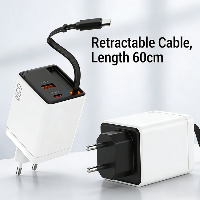 65W GaN PD USB-C Fireproof Universal Voltage Power Supply Adapter with Retractable Type-C Cable for Laptop & Camera EU/UK Plug