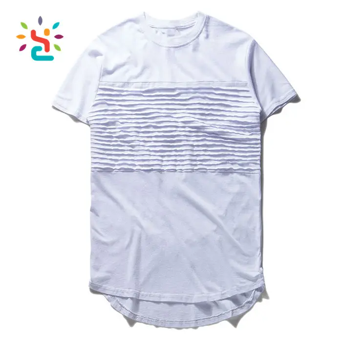 Distressed washed white tshirt curved hem for men summer swag ruffled ribbed long tail round bottom t shirt