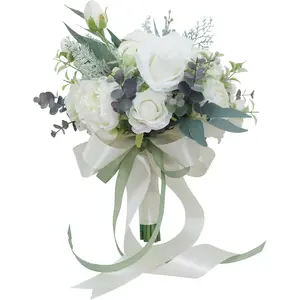 Best-seller Bouquet blanc de roses mariées tenant des fleurs avec rubans souples pour demoiselles d'honneur