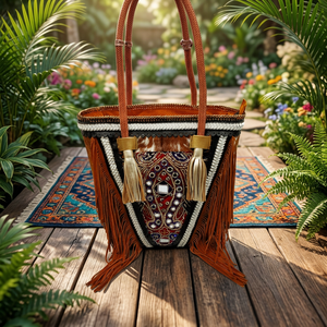 Bolso de hombro de cuero bohemio con cuentas de estilo Ibicenco Vintage indio tradicional para mujer cierre con cremallera hecho a mano algodón moda Patchwork - Product Image 2