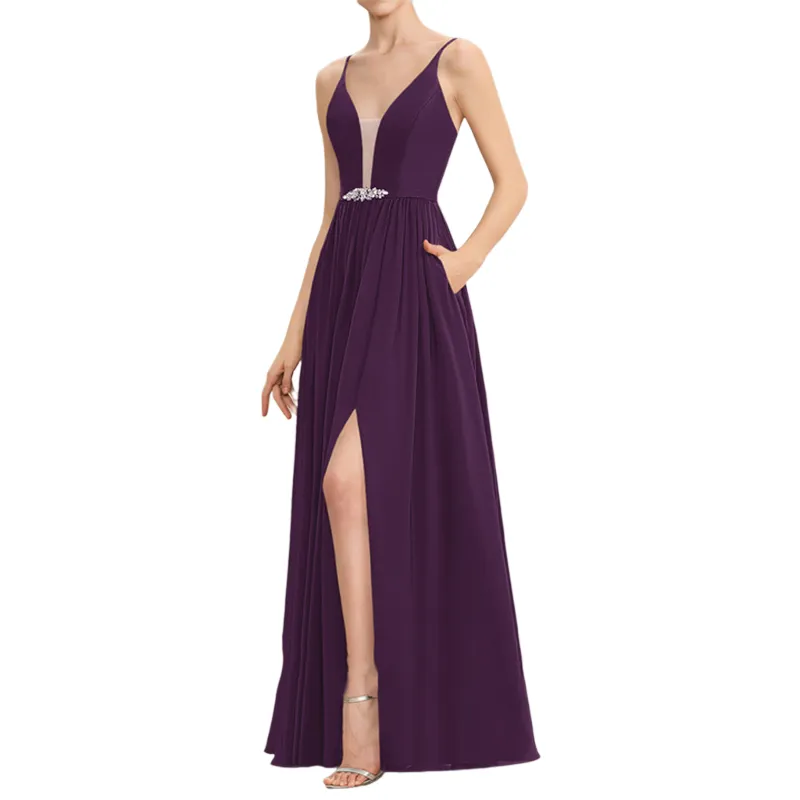Spaghetti Strap Sleeveless Crystal Beading Side Pockets High Slit Chiffon Evening Dress Prom Gown For Women
