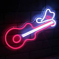 Enseigne néon Rock : Silhouette de guitare électrique et chapeau de cowboy, avec graphisme typographique personnalisé, pour saloon, pub, lieux de musique live et lieux de rassemblement