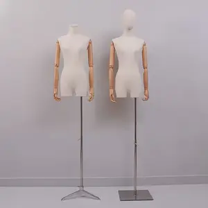 面料半身人体模型高端女性无头白色面料女性塑料人体模型，带银色三脚架底座