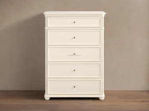 Cómoda Alta de 5 Cajones, Cajonera de Roble Blanco Macizo con Tiradores de Latón Antiguo y Cajones con Cierre Suave - Product Image 4