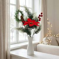Rangkaian Bunga Poinsettia Buatan Tangan, Buah Berry Merah, Ranting Pinus, Vas Pohon, Dekorasi Liburan Natal