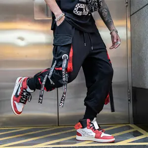 Hip Hop Joggers Cargo Pants For Men Block Hit Color Pocket Track Pants Male Trousers Sweatpants Letter Ribbons Casual