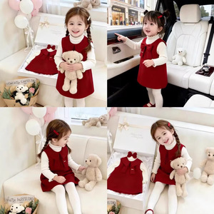Tongxingyuan Girls <b>Red</b> <b>Bow</b> Vest Dress Winter Outfit For First Birthday Baby Girl New Year Greeting Clothes - Product Image 4
