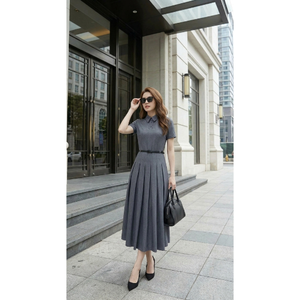 Vestido Midi Azul Gris Elegante para Mujer, Manga Corta, Cuello con Solapa, Cintura Ajustada con Cinturón, Plisado, Vestido de Oficina, Diseño Personalizado, Suministro Directo de Fábrica - Product Image 1