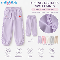 Smiledotkids Pantalons de jogging personnalisés pour enfants, violet clair, bordure en dentelle, broderie cerise, doux, OEM ODM, vente en gros pour petites filles