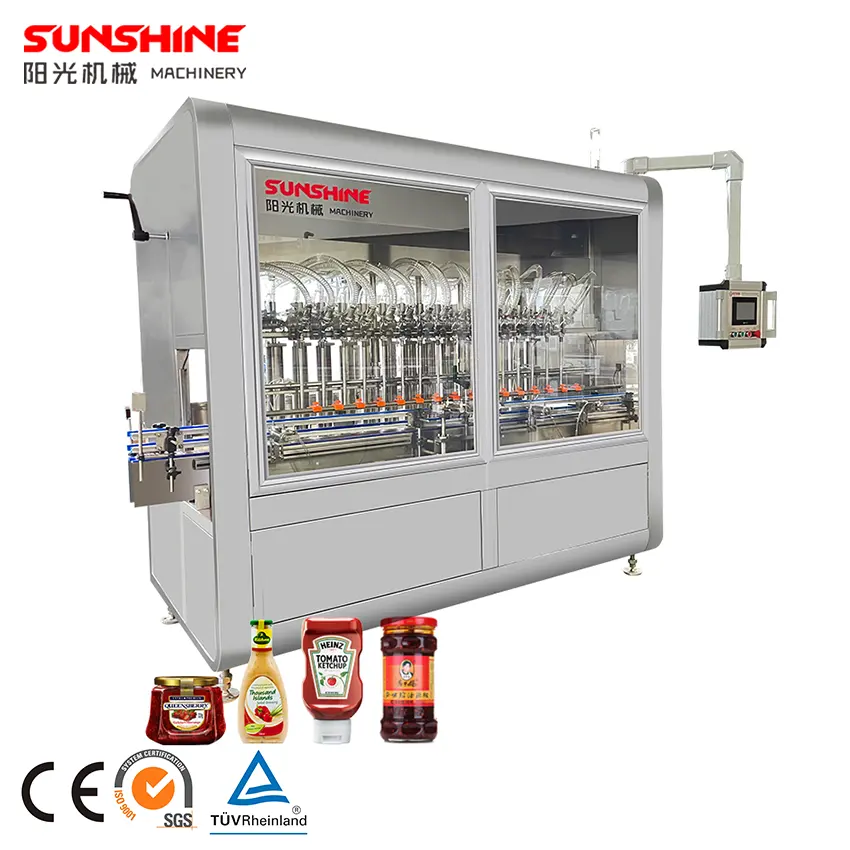 Automatic 12 nozzle piston type aseptic peanut buffer chilli paste gel liquid bottle filling and packaging machine line