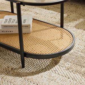 Mesa de Centro Ovalada Moderna con Tapa de Vidrio Templado y Estante de Ratán de PVC, Patas de <span class=keywords><strong>Metal</strong></span>, Mueble de Salón con Almacenamiento de 2 Niveles - Product Image 4