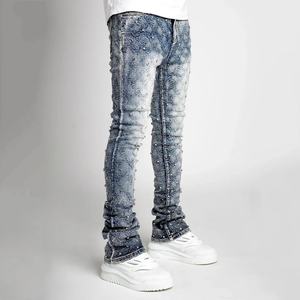Jeans de Mezclilla Ajustados de Cintura Alta para Hombre, Estilo Cargo, con Adornos de Diamantes y Acabado Deslavado, Venta al por Mayor - Product Image 4