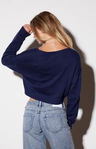 OEM Custom tinta unita maniche lunghe con scollo a V maglione corto per le donne spalle cadute in tessuto <span class=keywords><strong>maglia</strong></span> <span class=keywords><strong>donna</strong></span> maglione all'ingrosso - Product Image 3