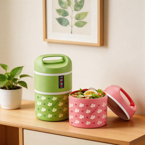 Boîte à lunch cylindrique rose, verte, bleue avec poignée, motif floral, conteneur de repas portable pour étudiants - Product Image 2