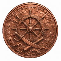 Pièce décorative en cuivre fin .999 de 1 oz, motif bateau fantôme hanté, squelette en relief, tempête, foudre et roue de pirate