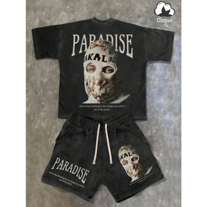 Ensemble de survêtement d'été deux pièces pour homme avec broderie chenille personnalisée, t-shirt à manches courtes zippé et short de couleur unie - Product Image 4