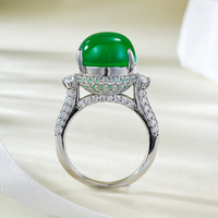 Grande bague en agate ovale 12*14mm en argent 925 calcédoine verte glacée avec anneaux fins incrustés