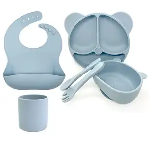 BPA Free Cute Animal Shaped Divided Silicon Kids Dining Tableware Feeding Suction Plate 4/5/6-piece Silicone Baby Plate sets