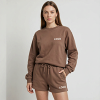 Ensemble de vêtements décontractés pour femmes, sweat-shirt à col rond surdimensionné marron avec logo personnalisé, short de sport, deux pièces