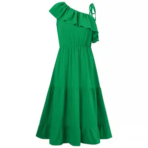 2024 Fashion Clothing Women Casual Elegant Tunic Dress Lady Sleeveless Ruffle Trim One Shoulder Long Dress