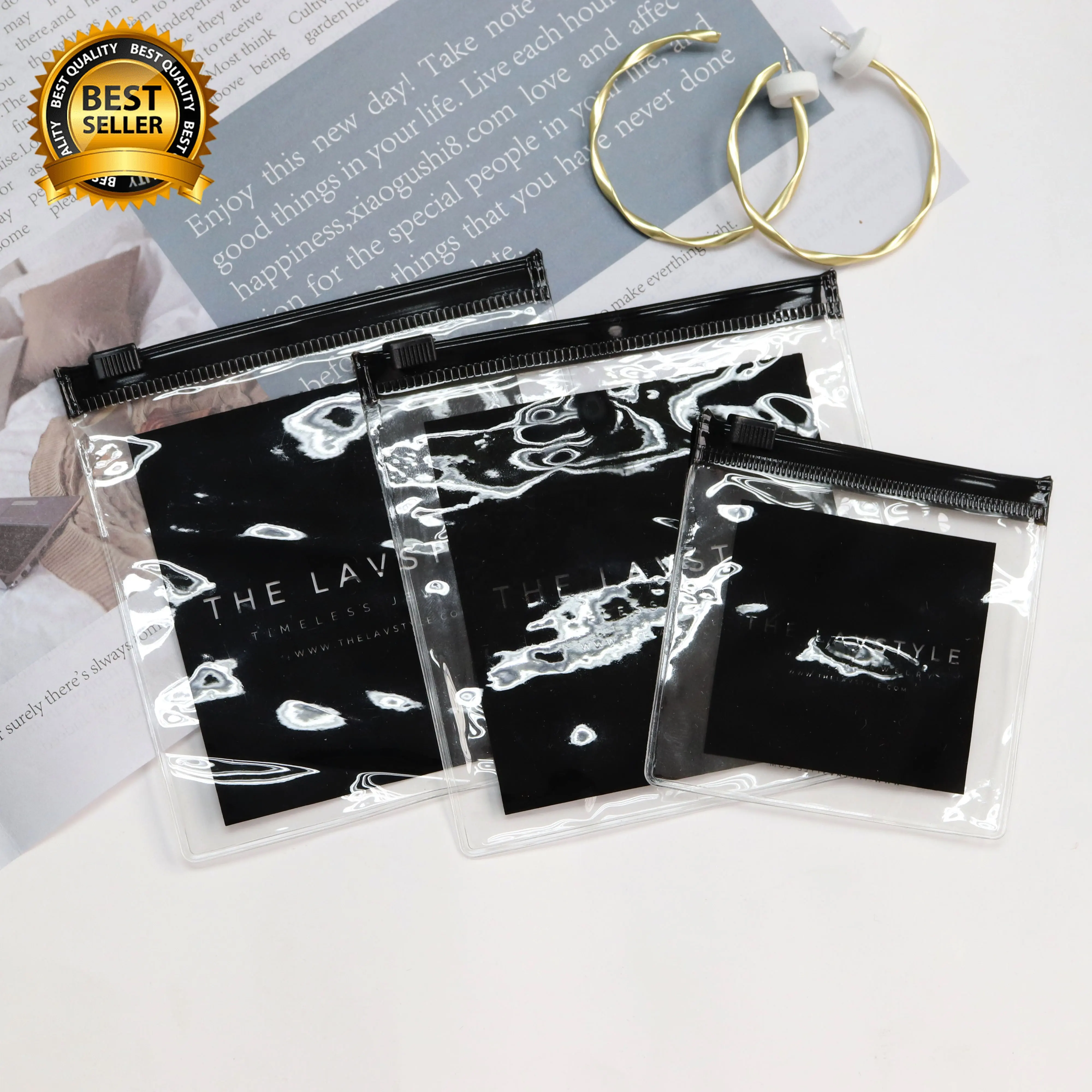 Custom small reusable pvc jewelry plastic zip lock bag, clear frosted zipper bag earring Necklace Packaging pouch with logo