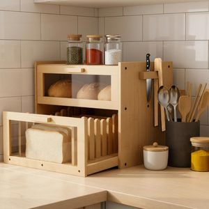 Boîte de rangement à pain en bois Minghui, double couche, porte en acrylique, multifonctionnelle, pour la cuisine, le rangement des toasts - Product Image 1