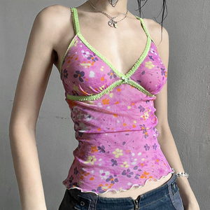 เสื้อสายเดี่ยวตาข่ายพิมพ์ลายดอกไม้สำหรับผู้หญิง แต่งขอบลูกไม้ สายสปาเก็ตตี้ ทรงเข้ารูป ซีทรู เหมาะสำหรับงานปาร์ตี้ฤดูร้อนและชุดคลับแวร์ - Product Image 3