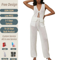 Ensemble 2 pièces tricoté blanc tendance pour femme, gilet sans manches en maille, cardigan à nouer devant, pantalon large, tenue de plage et de détente, vente en gros