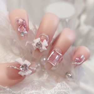 Uñas Postizas Curvas Medianas con Degradado Rosa, Lazo 3D, Estrella y Diamantes <span class=keywords><strong>de</strong></span> Imitación, Kit <span class=keywords><strong>de</strong></span> Uñas Postizas Reutilizables para Uso Diario y Fiestas - Product Image 2