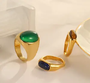 Cincin Stainless Steel untuk pria wanita, cincin emas Opal hijau baja tahan karat tahan air kualitas tinggi