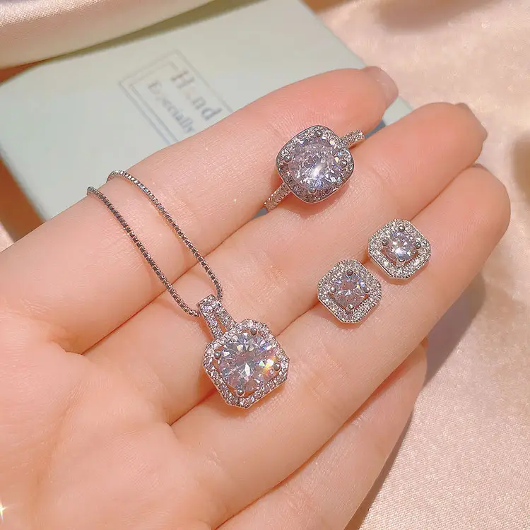SC Luxury Wedding Party CZ Stone Jewelry Set Exquisite Shiny Square Diamond Necklace Earrings Ring Three-piece Set for Women