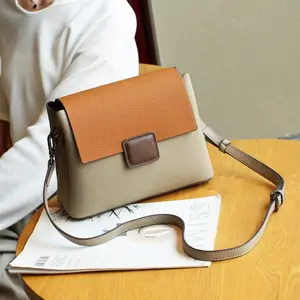 Leather women's bag contrast color small square bag messenger simple grain first layer cowhide single shoulder small bag