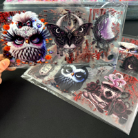 Venta al por mayor de pegatinas de transferencia UV DTF de 16 oz con diseño de búho gótico, calavera y rosa, impermeables, para vasos, tazas y manualidades de Halloween