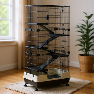 Cage à 6 niveaux pour petits animaux avec roulettes, pour lapins, utilisation intérieure, structure en fil d'acier, plateau en plastique, design portable - Product Image 2