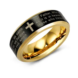 China Fabrikant Vacuüm Plating Ring Met Gouden Kruis Laser Christelijke Jezus Letter Modieuze Grote Mannen Ringen