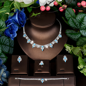 Elegante forma de hoja azul Zirconia cúbica cristal 4 Uds collar pendientes conjuntos de joyería para mujeres Boda REGALOS nupciales - Product Image 1