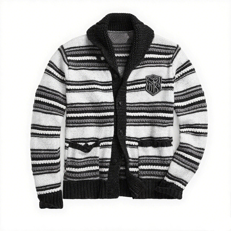 Custom OEM Men's Winter Striped Knitted Sweater Single Button Cardigan V-neck Heavy Embroidery Knitwear Pocket Long Sleeve